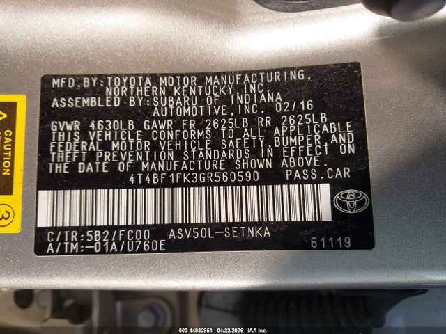 4T4BF1FK3GR560590 Toyota CAMRY LE