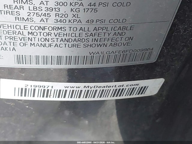 44932860 :رقم المزاد ، WA1LGAFE6FD009864 vin ، 2015 Audi Q7 3.0t Premium مزاد بيع