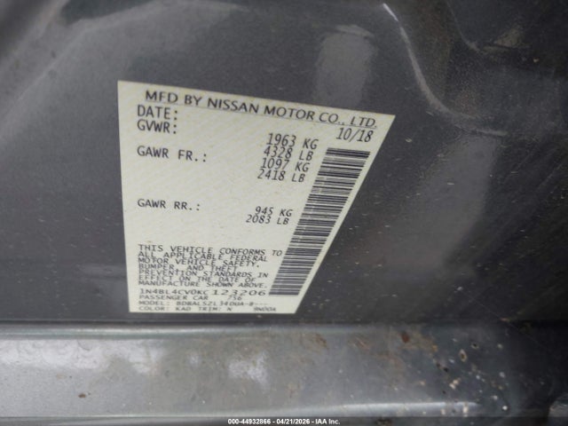 44932866 :رقم المزاد ، 1N4BL4CV0KC123206 vin ، 2019 Nissan Altima 2.5 Sr مزاد بيع