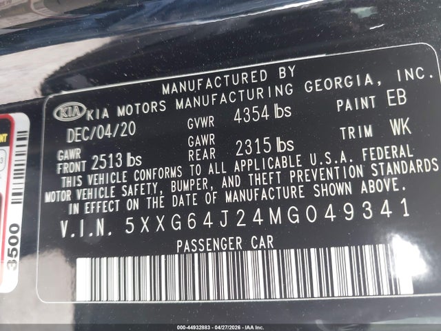 Aukcja sprzedaży 2021 Kia K5 Gt-line, vin: 5XXG64J24MG049341, numer aukcji: 44932883