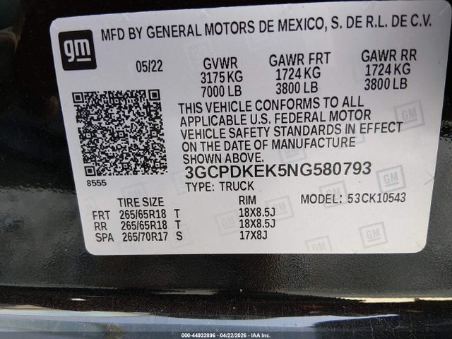 Aukcja sprzedaży 2022 Chevrolet Silverado 1500 4wd  Short Bed Lt With 2fl, vin: 3GCPDKEK5NG580793, numer aukcji: 44932896