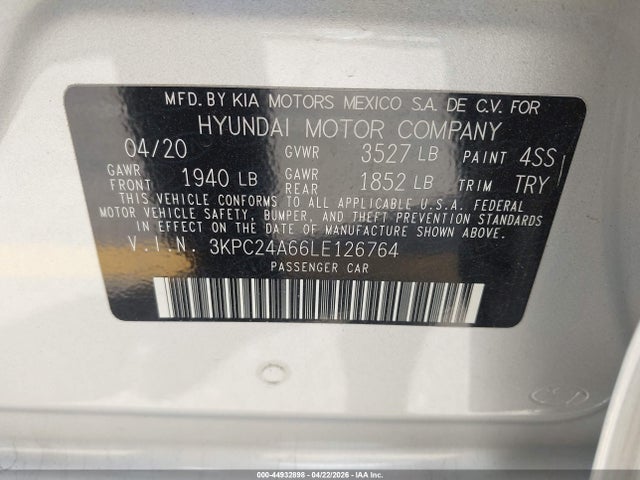 2020 Hyundai Accent Se მანქანა იყიდება აუქციონზე, vin: 3KPC24A66LE126764, აუქციონის ნომერი: 44932898
