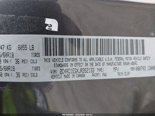 44932901 :رقم المزاد ، 2C4RC1EGXJR352133 vin ، 2018 Chrysler Pacifica Touring L Plus مزاد بيع