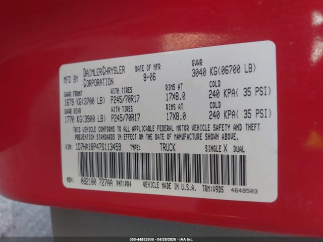 Aukcja sprzedaży 2007 Dodge Ram 1500 Slt, vin: 1D7HA18P47S113459, numer aukcji: 44932908