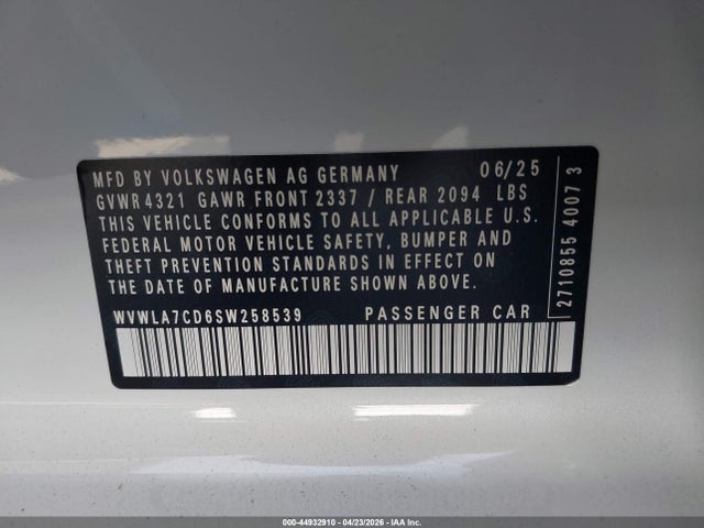 Продажа на аукционе авто 2025 Volkswagen Golf Gti 2.0t S, vin: WVWLA7CD6SW258539, номер лота: 44932910