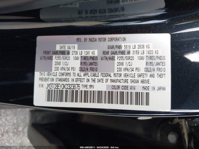 44932911 :رقم المزاد ، JM3TCBEY0K0323876 vin ، 2019 Mazda Cx-9 Signature مزاد بيع