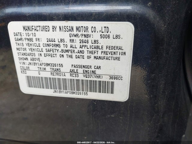 Aukcja sprzedaży 2011 Infiniti M37, vin: JN1BY1AP0BM326155, numer aukcji: 44932917