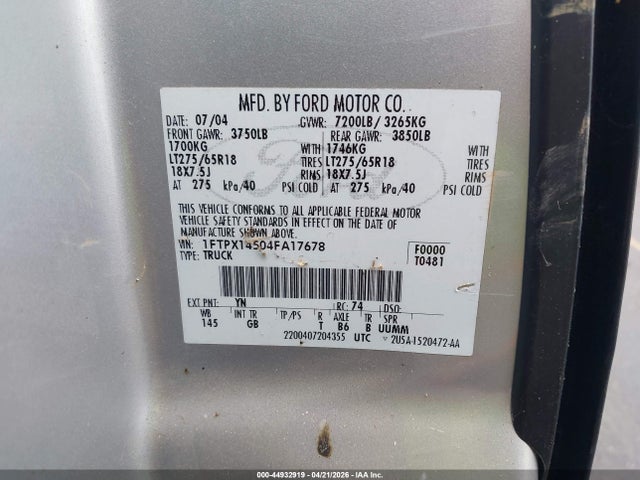 2004 Ford F-150 Fx4/lariat/xl/xlt მანქანა იყიდება აუქციონზე, vin: 1FTPX14504FA17678, აუქციონის ნომერი: 44932919