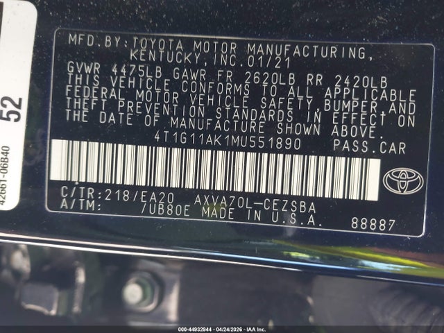 Продаж на аукціоні авто 2021 Toyota Camry Se, vin: 4T1G11AK1MU551890, номер лоту: 44932944
