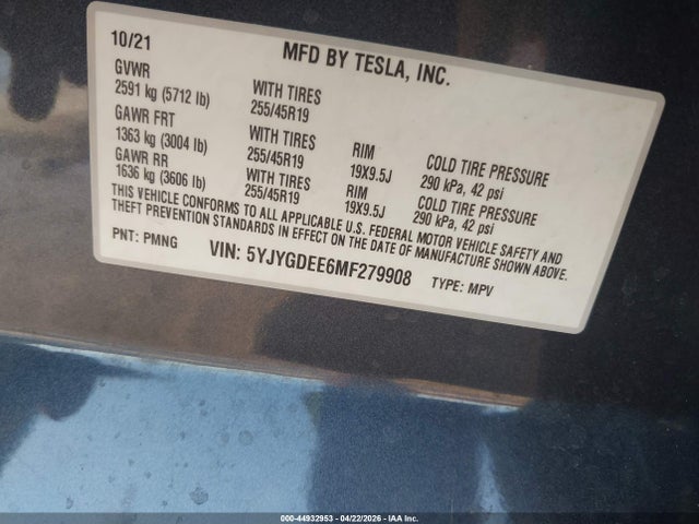 44932953 :رقم المزاد ، 5YJYGDEE6MF279908 vin ، 2021 Tesla Model Y Long Range Dual Motor All-wheel Drive مزاد بيع