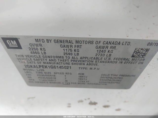 Продажа на аукционе авто 2016 Gmc Terrain Slt, vin: 2GKALPEK1G6145021, номер лота: 44932959