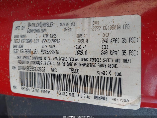 44932962 :رقم المزاد ، 1D7HW48K65S133653 vin ، 2005 Dodge Dakota Slt مزاد بيع