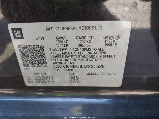 Aukcja sprzedaży 2018 Chevrolet Silverado 1500 1lt, vin: 1GCVKREC9JZ321538, numer aukcji: 44932963