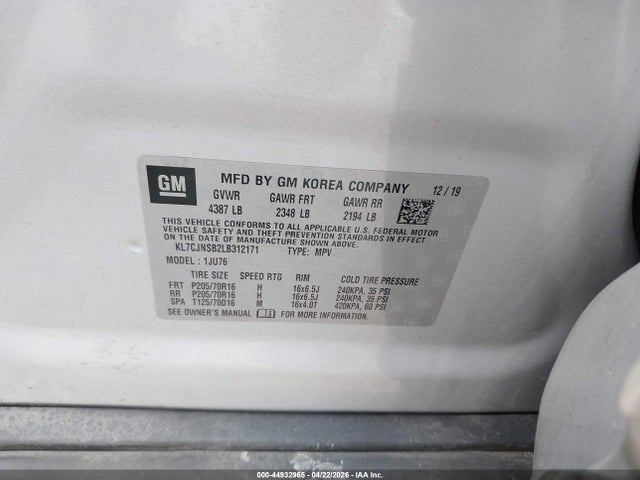 44932965 :رقم المزاد ، KL7CJNSB2LB312171 vin ، 2020 Chevrolet Trax Awd Ls مزاد بيع