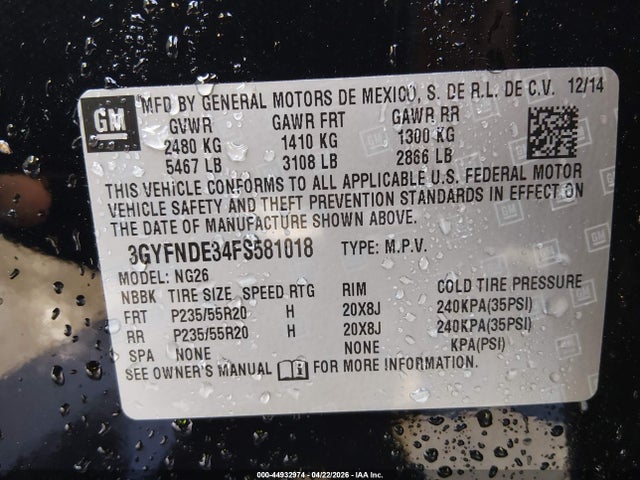 Auction sale of the 2015 Cadillac Srx Premium Collection, vin: 3GYFNDE34FS581018, lot number: 44932974
