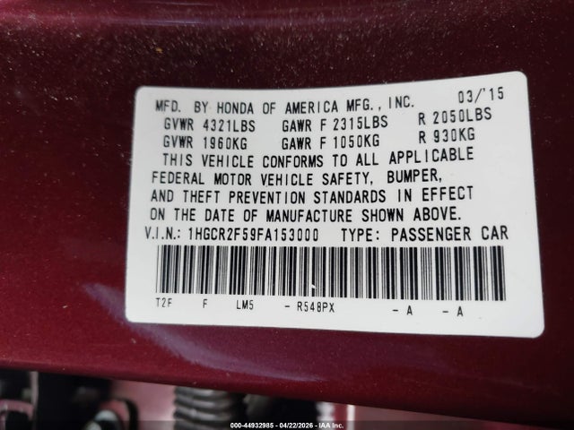 Honda Accord Sport 2015 1HGCR2F59FA153000 Image 9