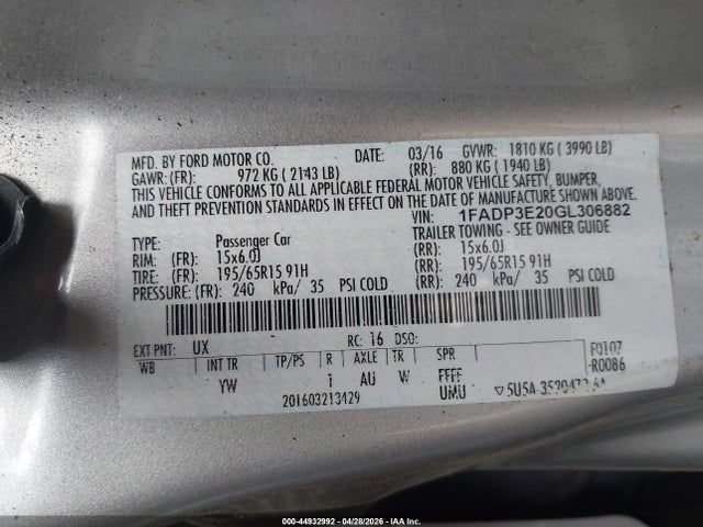 Продаж на аукціоні авто 2016 Ford Focus S, vin: 1FADP3E20GL306882, номер лоту: 44932992