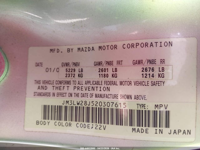 Aukcja sprzedaży 2002 Mazda Mpv Es/lx, vin: JM3LW28J520307615, numer aukcji: 44932995