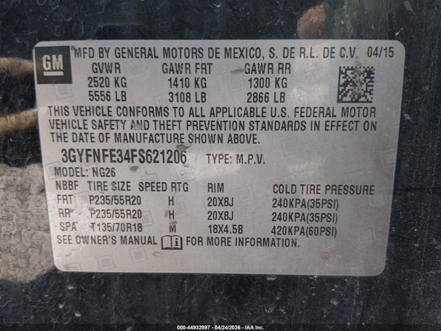 Продажа на аукционе авто 2015 Cadillac Srx Performance Collection, vin: 3GYFNFE34FS621206, номер лота: 44932997