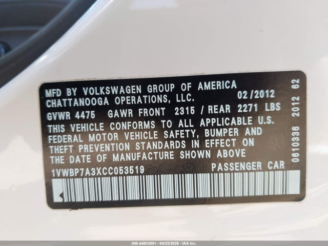 Продаж на аукціоні авто 2012 Volkswagen Passat 2.5l Se, vin: 1VWBP7A3XCC053519, номер лоту: 44933001