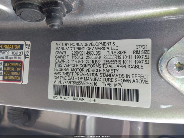 Aukcja sprzedaży 2021 Honda Cr-v Hybrid Touring, vin: 7FART6H95ME033916, numer aukcji: 44933017