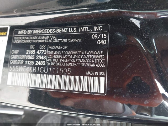Aukcja sprzedaży 2016 Mercedes-benz C 300 4matic, vin: 55SWF4KB1GU111505, numer aukcji: 44933058