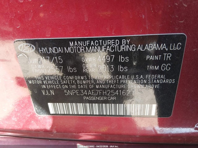 44933082 :رقم المزاد ، 5NPE34AF7FH254162 vin ، 2015 Hyundai Sonata Sport مزاد بيع