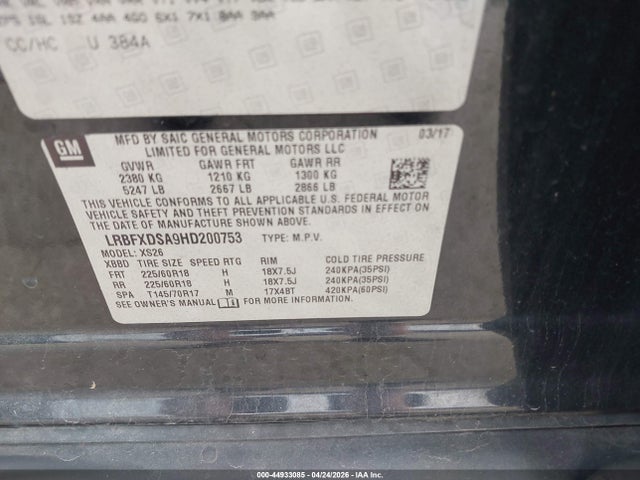 44933085 :رقم المزاد ، LRBFXDSA9HD200753 vin ، 2017 Buick Envision Essence مزاد بيع
