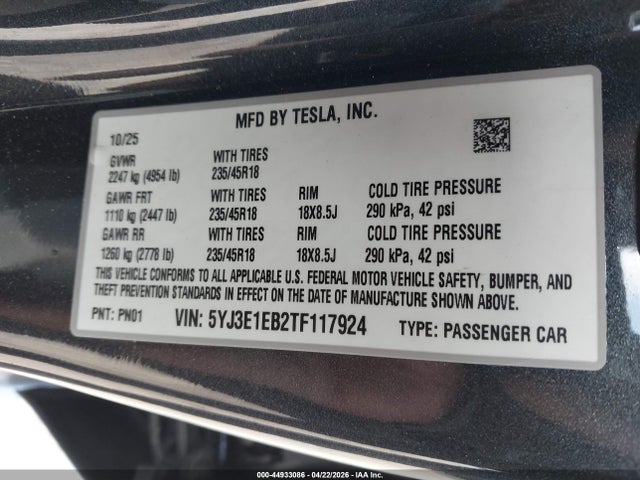 Aukcja sprzedaży 2026 Tesla Model 3 Premium All-wheel Drive, vin: 5YJ3E1EB2TF117924, numer aukcji: 44933086