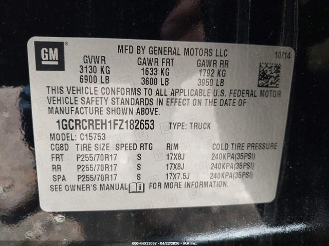 2015 Chevrolet Silverado 1500 1lt მანქანა იყიდება აუქციონზე, vin: 1GCRCREH1FZ182653, აუქციონის ნომერი: 44933097