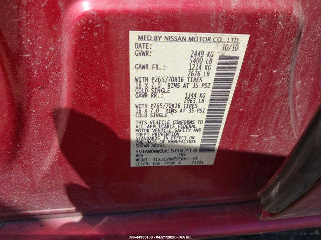 44933100 :رقم المزاد ، 5N1AN0NW3BC504218 vin ، 2011 Nissan Xterra S مزاد بيع