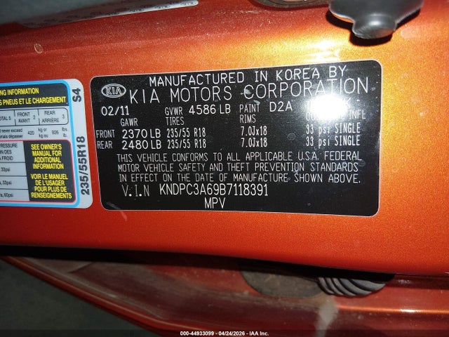 Продажа на аукционе авто 2011 Kia Sportage Sx, vin: KNDPC3A69B7118391, номер лота: 44933099