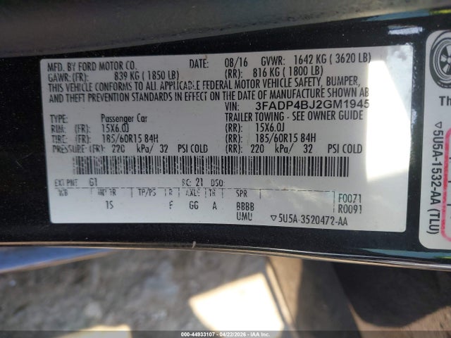 44933107 :رقم المزاد ، 3FADP4BJ2GM194506 vin ، 2016 Ford Fiesta Se مزاد بيع