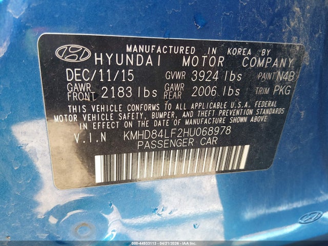 Продаж на аукціоні авто 2017 Hyundai Elantra Se, vin: KMHD84LF2HU068978, номер лоту: 44933113