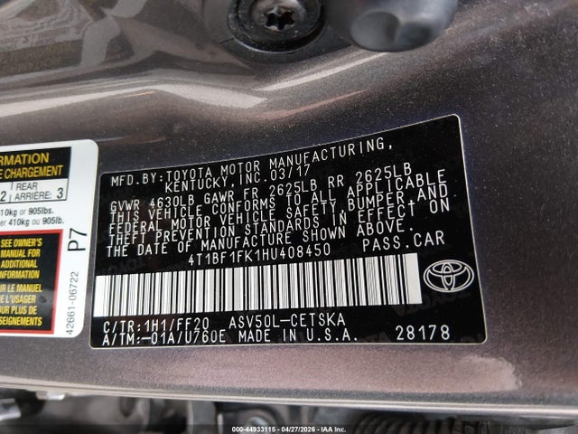 4T1BF1FK1HU408450 Toyota CAMRY SE