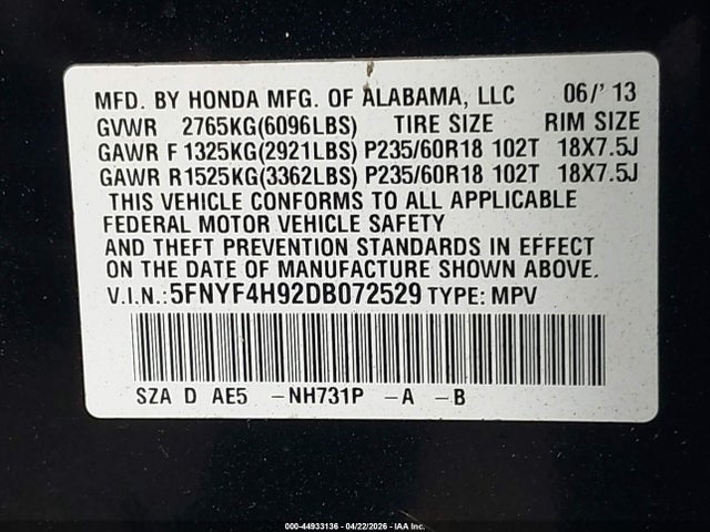 2013 Honda Pilot Touring მანქანა იყიდება აუქციონზე, vin: 5FNYF4H92DB072529, აუქციონის ნომერი: 44933136