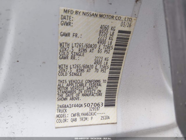1N6BA1F44GN507063 Nissan Titan Xd Platinum Reserve Diesel/pro-4x Diesel/s Diesel/sl Diesel/sv Diesel