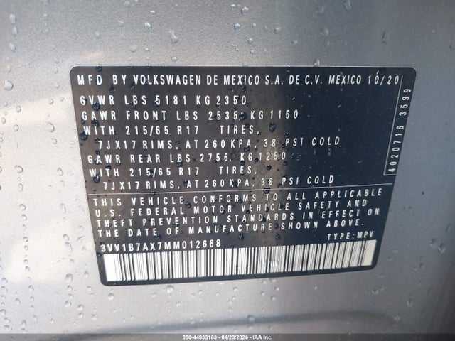 2021 Volkswagen Tiguan 2.0t S მანქანა იყიდება აუქციონზე, vin: 3VV1B7AX7MM012668, აუქციონის ნომერი: 44933163