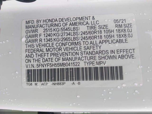 Honda Pilot 2wd Ex-l 2021 5FNYF5H55MB041522 Image 9