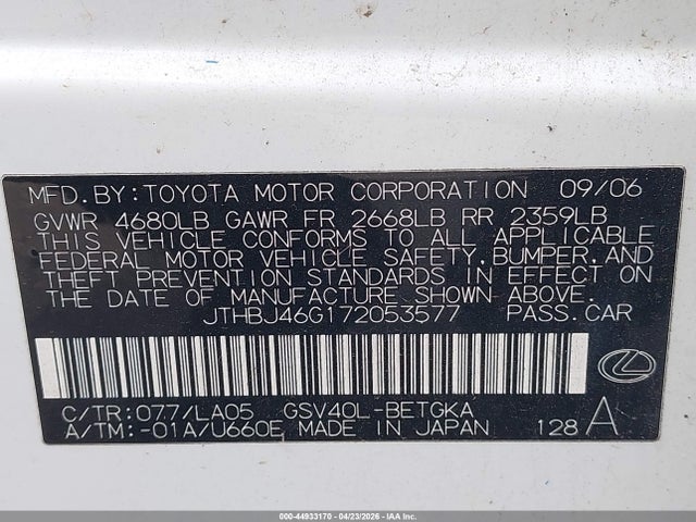 Aukcja sprzedaży 2007 Lexus Es 350, vin: JTHBJ46G172053577, numer aukcji: 44933170