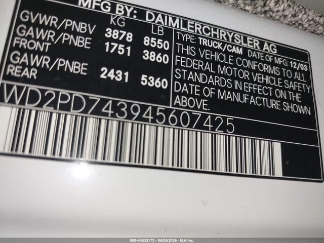 44933172 :رقم المزاد ، WD2PD743945607425 vin ، 2004 Dodge Sprinter Van 2500 High Roof مزاد بيع