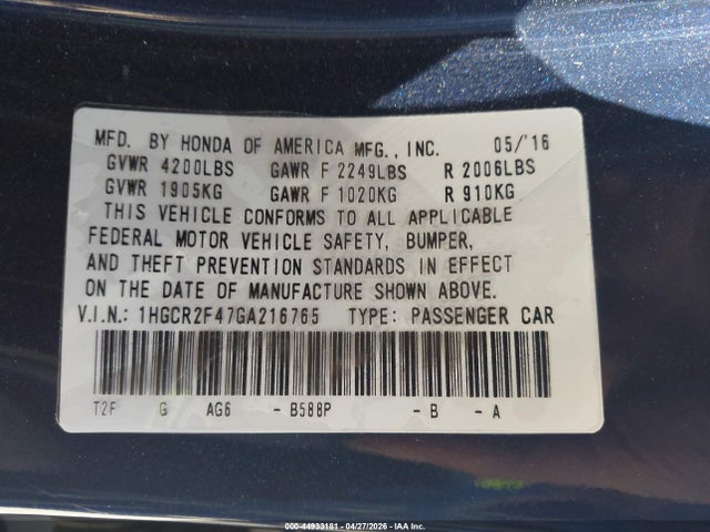 Aukcja sprzedaży 2016 Honda Accord Lx, vin: 1HGCR2F47GA216765, numer aukcji: 44933181