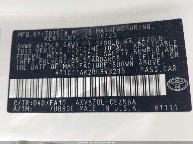 44933182 :رقم المزاد ، 4T1C11AK2RU843215 vin ، 2024 Toyota Camry Le مزاد بيع
