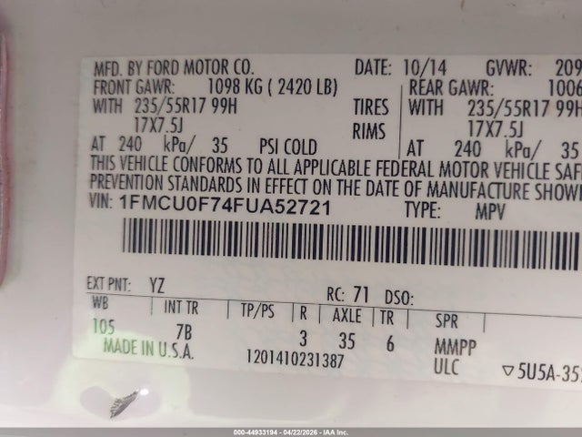 1FMCU0F74FUA52721 Ford ESCAPE S