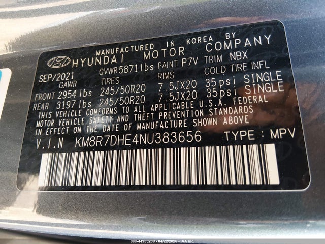 KM8R7DHE4NU383656 Hyundai Palisade Calligraphy
