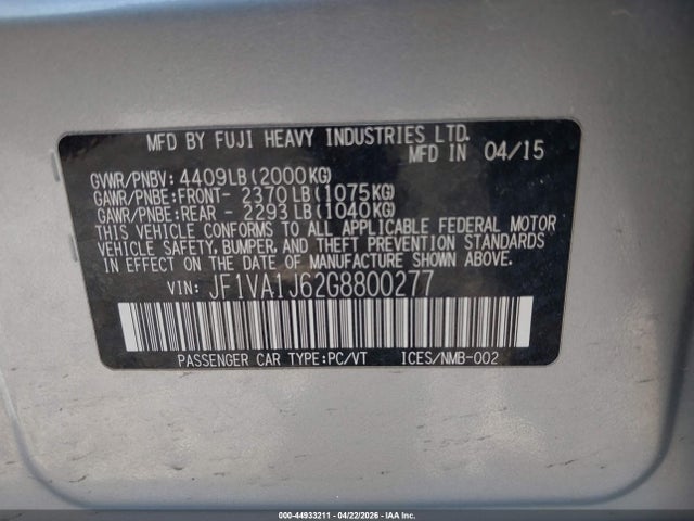 Продаж на аукціоні авто 2016 Subaru Wrx Limited, vin: JF1VA1J62G8800277, номер лоту: 44933211