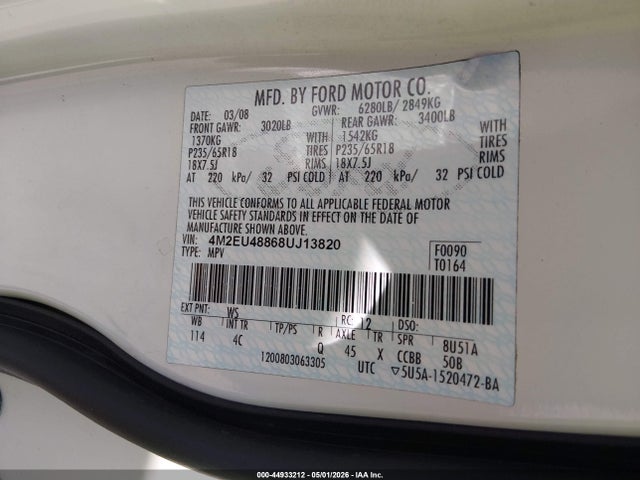 Продаж на аукціоні авто 2008 Mercury Mountaineer Premier, vin: 4M2EU48868UJ13820, номер лоту: 44933212