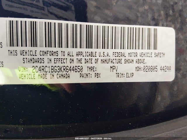 Aukcja sprzedaży 2019 Chrysler Pacifica Touring L, vin: 2C4RC1BG3KR644650, numer aukcji: 44933227