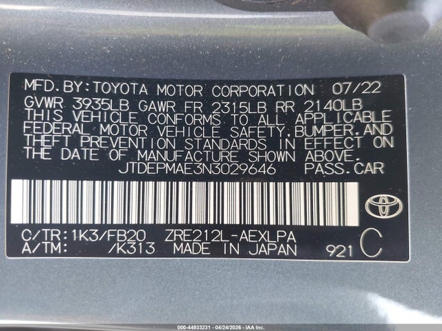 Aukcja sprzedaży 2022 Toyota Corolla Le, vin: JTDEPMAE3N3029646, numer aukcji: 44933231