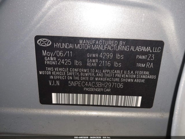 Продаж на аукціоні авто 2011 Hyundai Sonata Limited, vin: 5NPEC4AC3BH297106, номер лоту: 44933235